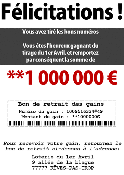 Carte Gagnant De La Loterie Du 1er Avril : Envoyer une 